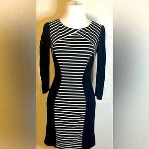 ANTONIO MELANI Black and White Bodycon Dress Long Sleeve Crew Neck